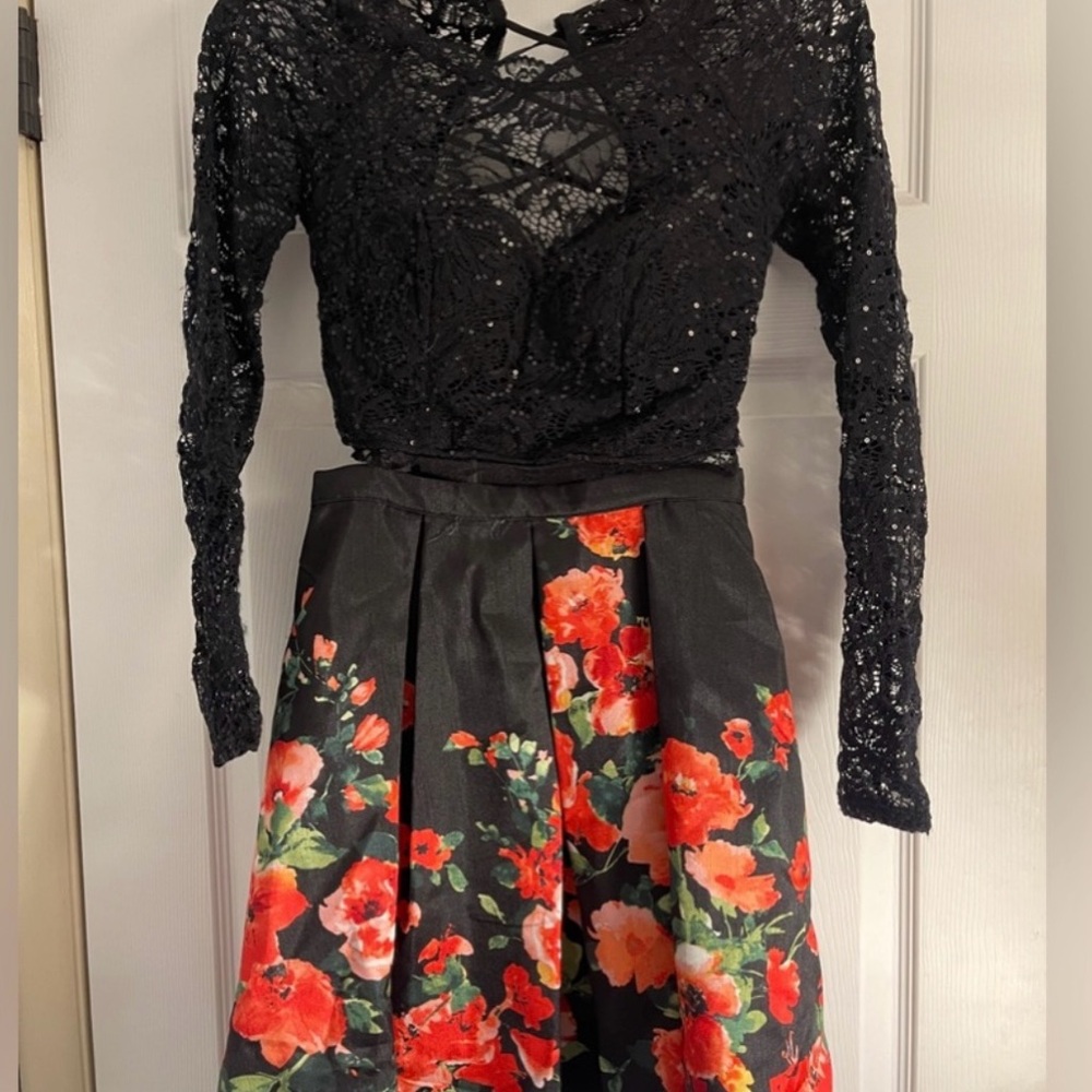 Macy's Black Lace Top Dress with Red Floral Skirt